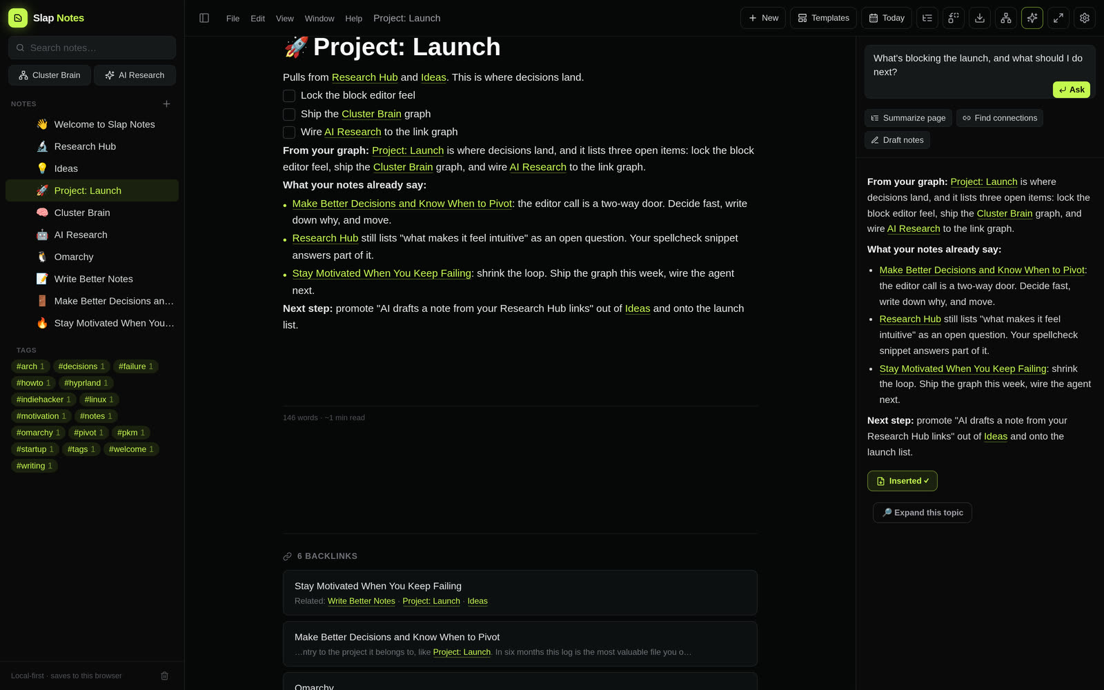 Slap Notes on Linux: the AI Research panel answers a question from the user's own linked notes, then inserts the draft into the note.